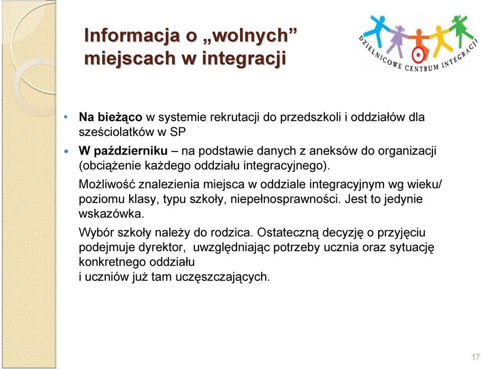 MoŜliwość znalezienia miejsca w oddziale integracyjnym wg wieku/ poziomu klasy, typu szkoły, niepełnosprawności. Jest to jedynie wskazówka.