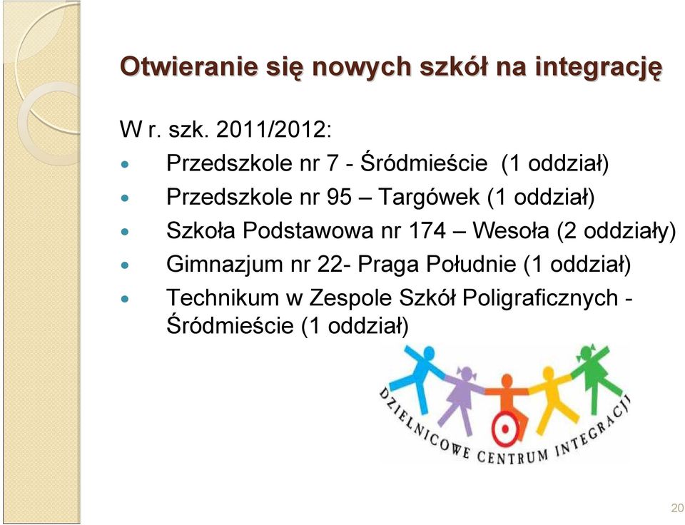 2011/2012: Przedszkole nr 7 - Śródmieście (1 oddział) Przedszkole nr 95