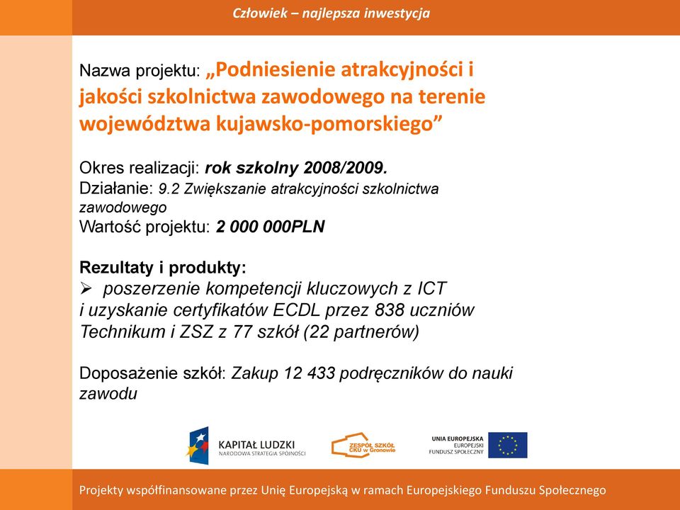 2 Zwiększanie atrakcyjności szkolnictwa zawodowego Wartość projektu: 2 000 000PLN poszerzenie kompetencji