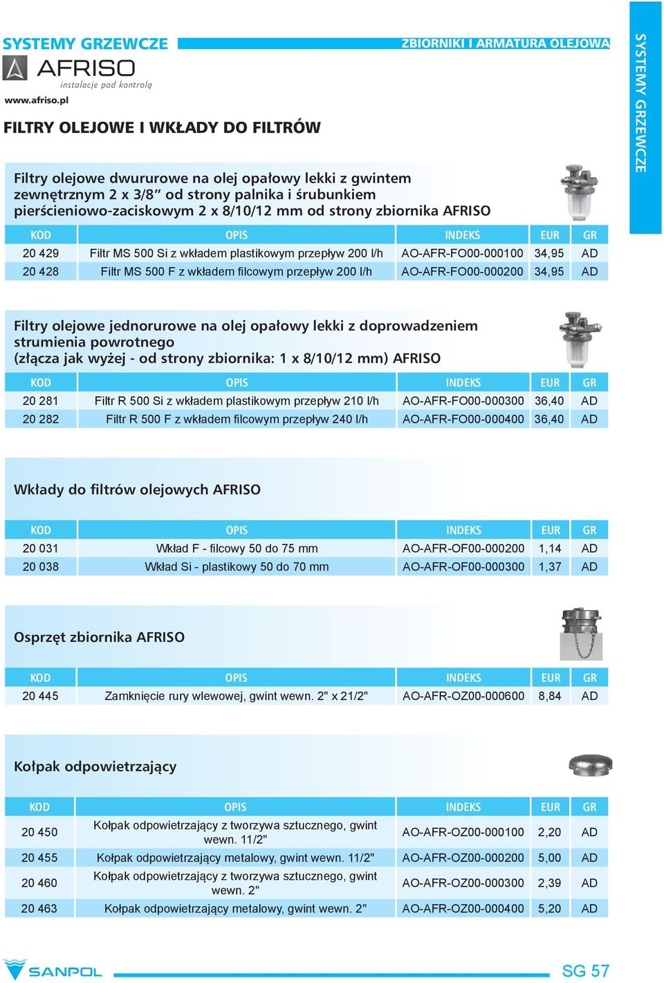 zbiornika AFRISO SYSTEMY ZEWCZE KOD OPIS INDEKS 20 429 Filtr MS 500 Si z wkładem plastikowym przepływ 200 l/h AO-AFR-FO00-000100 34,95 AD 20 428 Filtr MS 500 F z wkładem filcowym przepływ 200 l/h