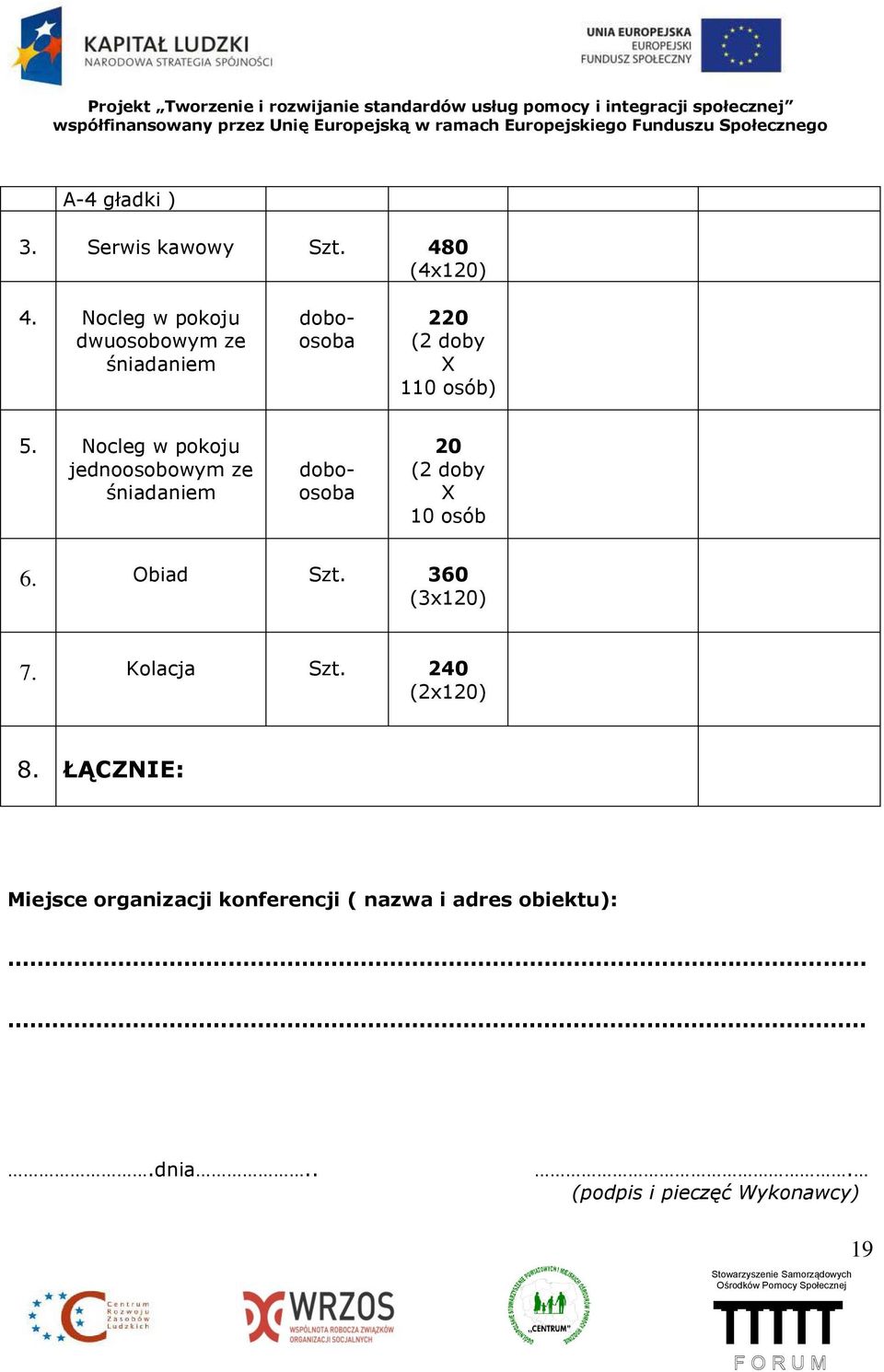 Nocleg w pokoju jednoosobowym ze śniadaniem doboosoba doboosoba 20 (2 doby X 10 osób 6.