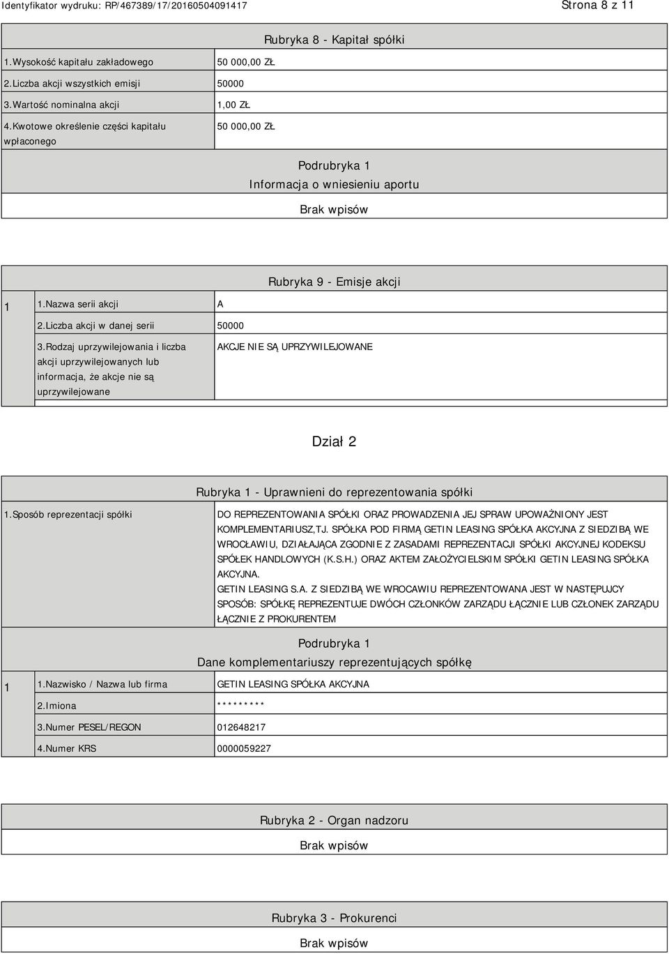 Rodzaj uprzywilejowania i liczba akcji uprzywilejowanych lub informacja, że akcje nie są uprzywilejowane AKCJE NIE SĄ UPRZYWILEJOWANE Dział 2 Rubryka 1 - Uprawnieni do reprezentowania spółki 1.