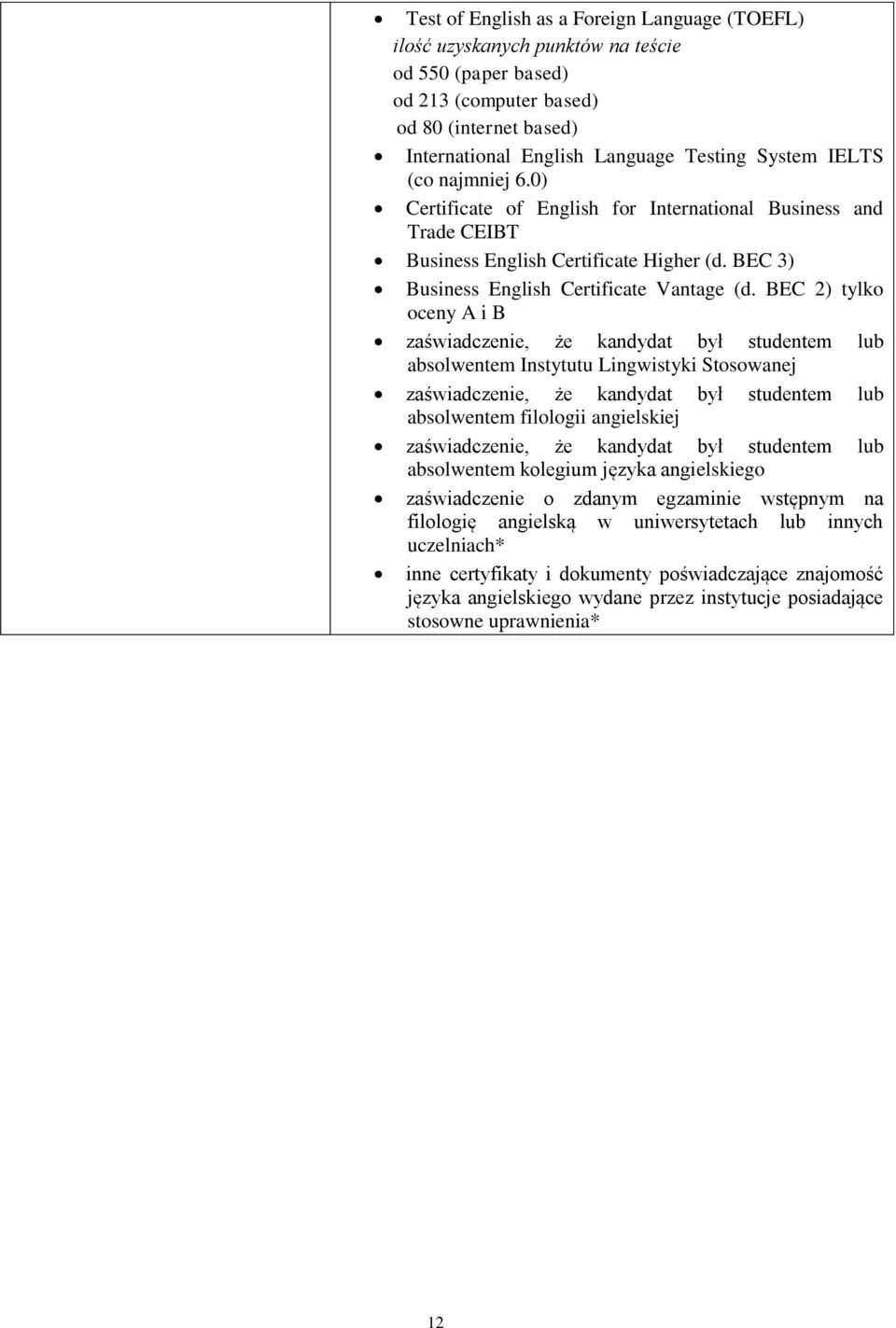 BEC 2) tylko oceny A i B zaświadczenie, że kandydat był studentem lub absolwentem Instytutu Lingwistyki Stosowanej zaświadczenie, że kandydat był studentem lub absolwentem filologii angielskiej
