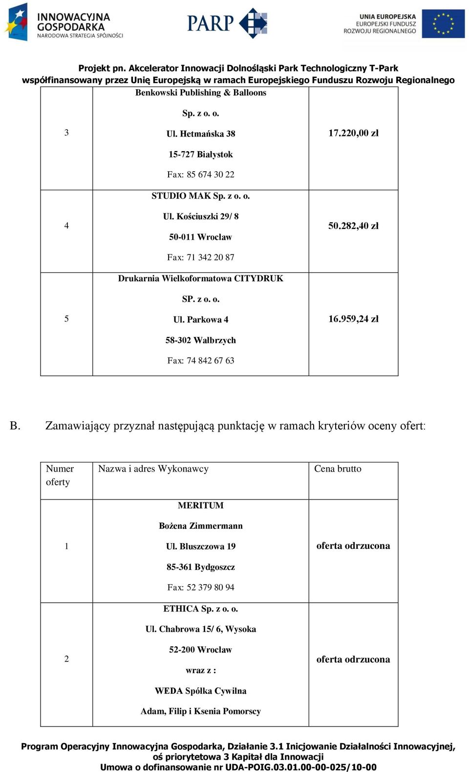 Zamawiający przyznał następującą punktację w ramach kryteriów oceny ofert: Numer oferty 1 2 Nazwa i adres Wykonawcy MERITUM Bożena Zimmermann Ul.