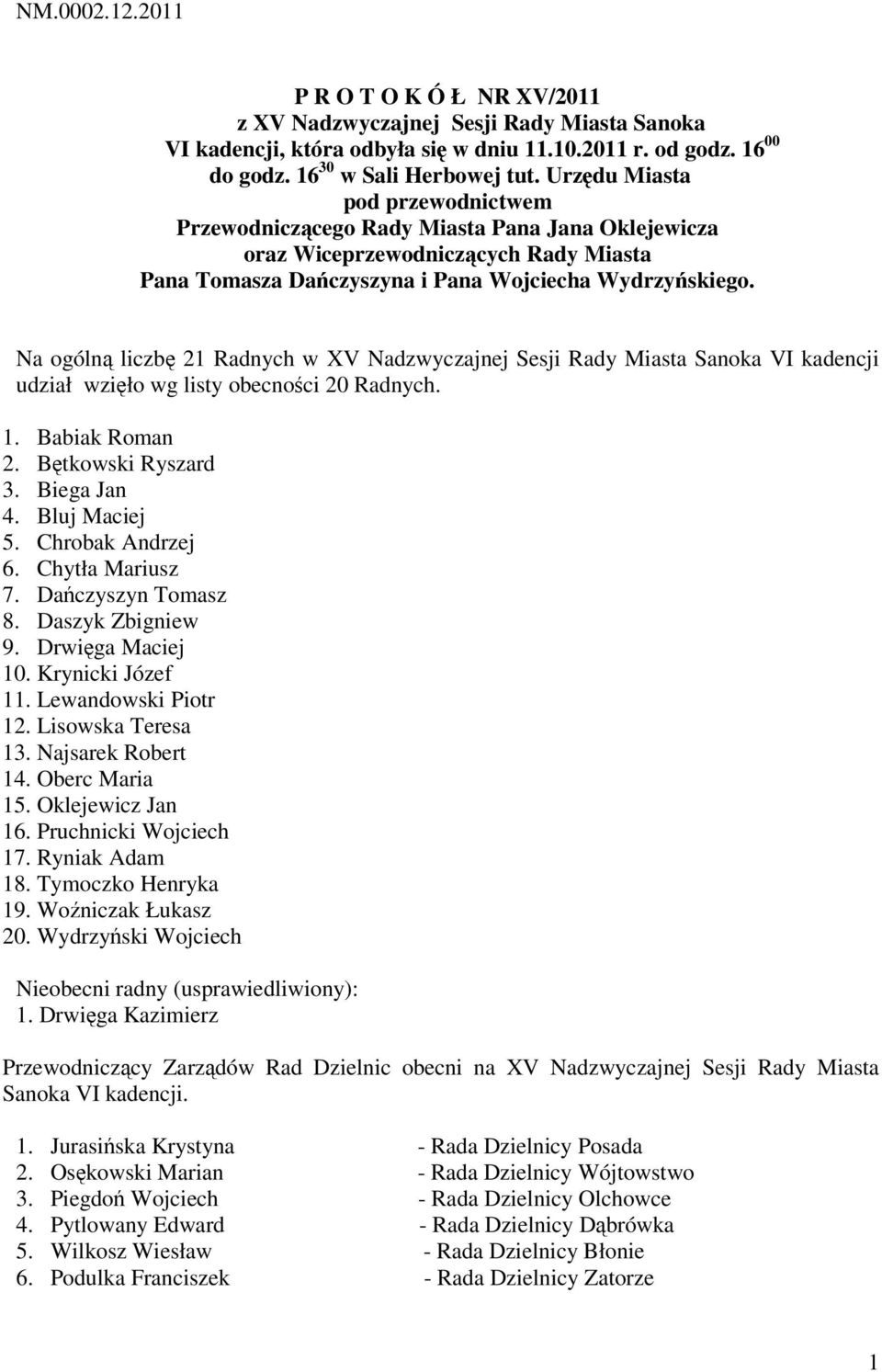 Na ogólną liczbę 21 Radnych w XV Nadzwyczajnej Sesji Rady Miasta Sanoka VI kadencji udział wzięło wg listy obecności 20 Radnych. 1. Babiak Roman 2. Bętkowski Ryszard 3. Biega Jan 4. Bluj Maciej 5.