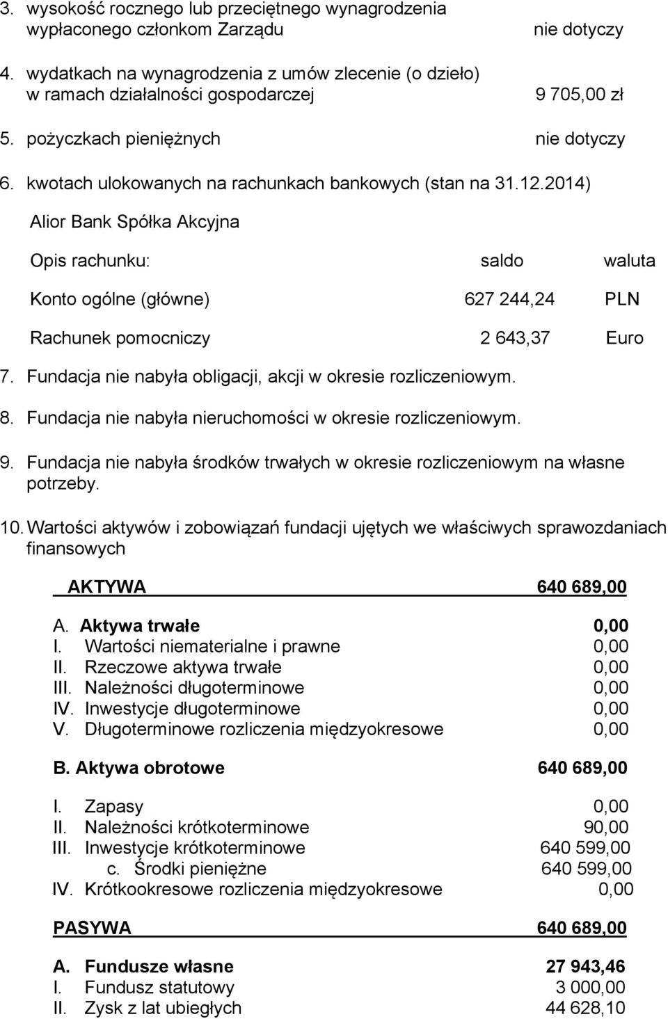 2014) Alior Bank Spółka Akcyjna Opis rachunku: saldo waluta Konto ogólne (główne) 627 244,24 PLN Rachunek pomocniczy 2 643,37 Euro 7. Fundacja nie nabyła obligacji, akcji w okresie rozliczeniowym. 8.