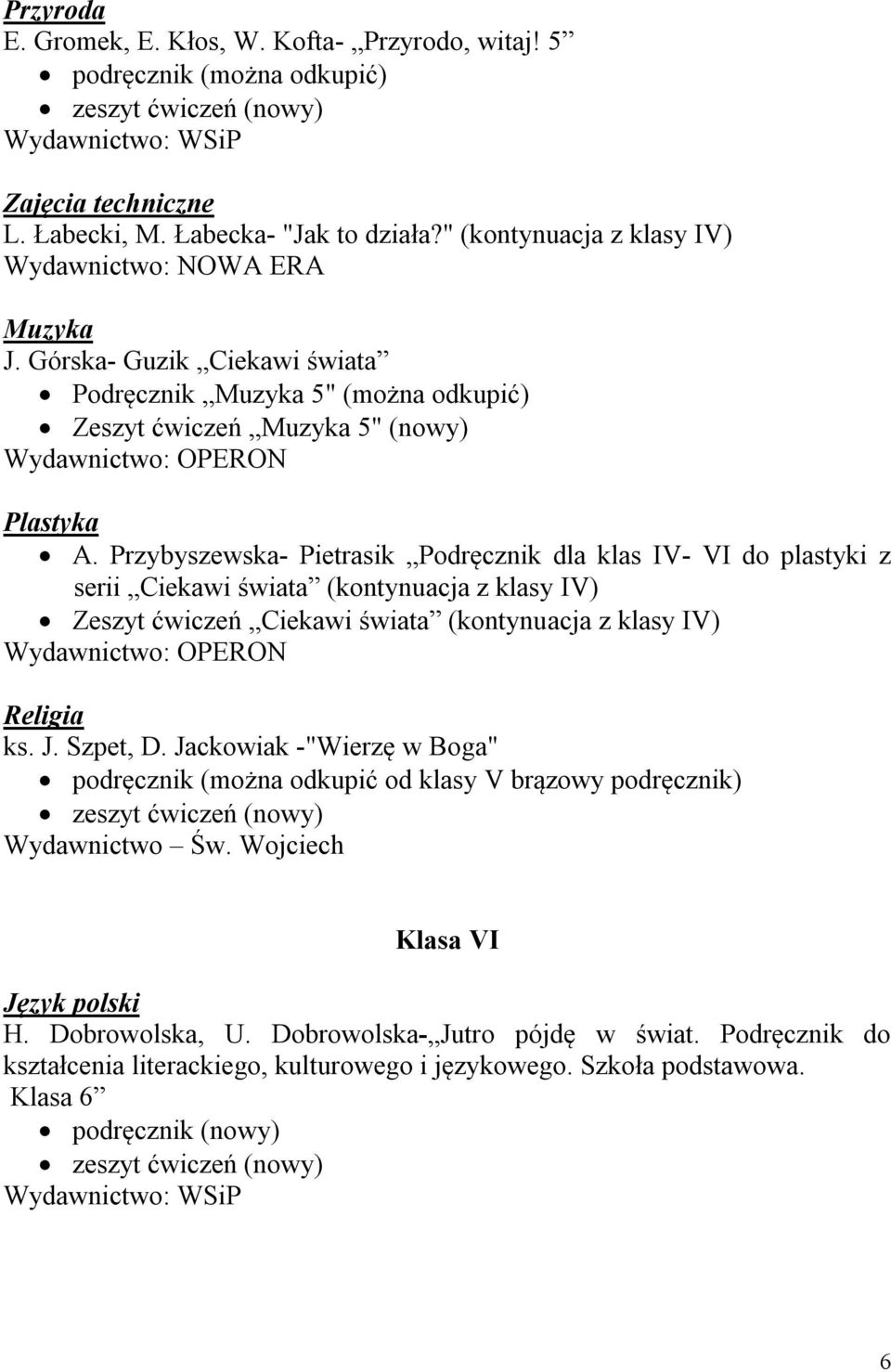 Przybyszewska- Pietrasik Podręcznik dla klas IV- VI do plastyki z serii Ciekawi świata (kontynuacja z klasy IV) Zeszyt ćwiczeń Ciekawi świata (kontynuacja z klasy IV) ks. J.