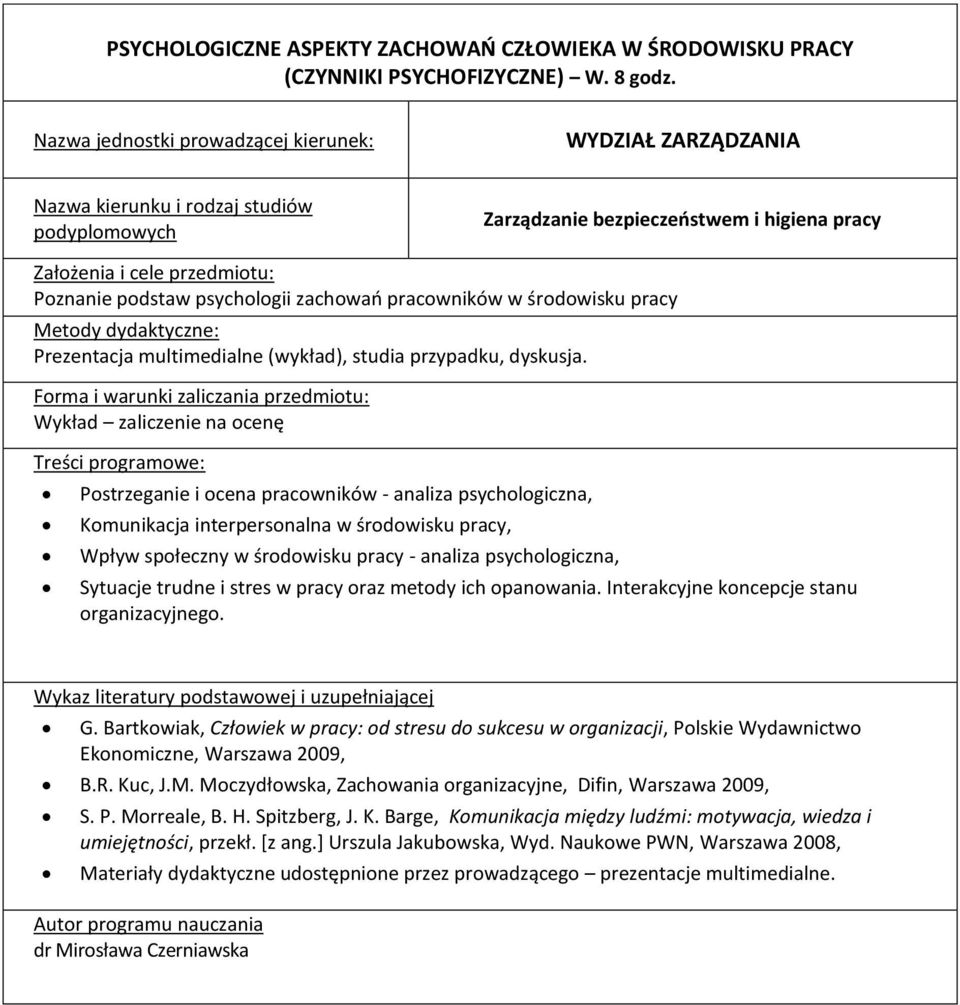 pracy, Wpływ społeczny w środowisku pracy - analiza psychologiczna, Sytuacje trudne i stres w pracy oraz metody ich opanowania. Interakcyjne koncepcje stanu organizacyjnego. G.