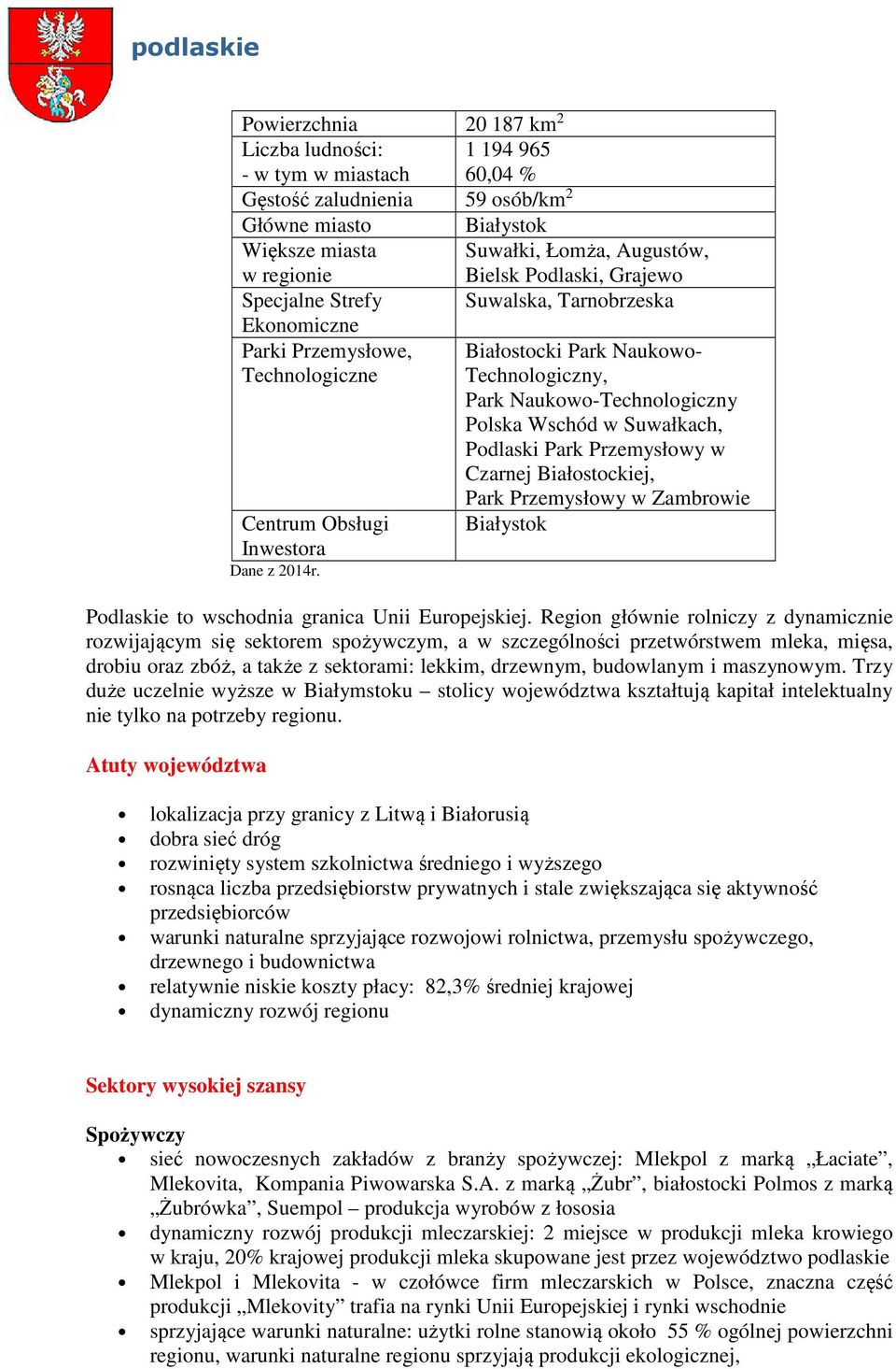 Suwałkach, Podlaski Park Przemysłowy w Czarnej Białostockiej, Park Przemysłowy w Zambrowie Centrum Obsługi Białystok Inwestora Dane z 2014r. Podlaskie to wschodnia granica Unii Europejskiej.