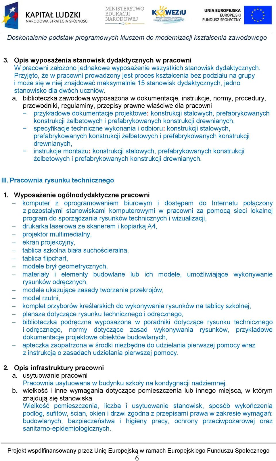 biblioteczka zawodowa wyposażona w dokumentacje, instrukcje, normy, procedury, przewodniki, regulaminy, przepisy prawne właściwe dla pracowni przykładowe dokumentacje projektowe: konstrukcji