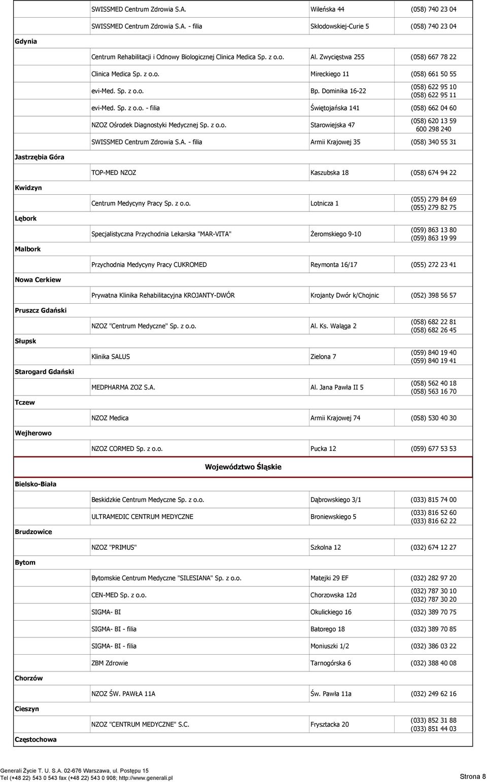 z o.o. Starowiejska 47 (058) 620 13 59 600 298 240 SWISSMED Centrum Zdrowia S.A.