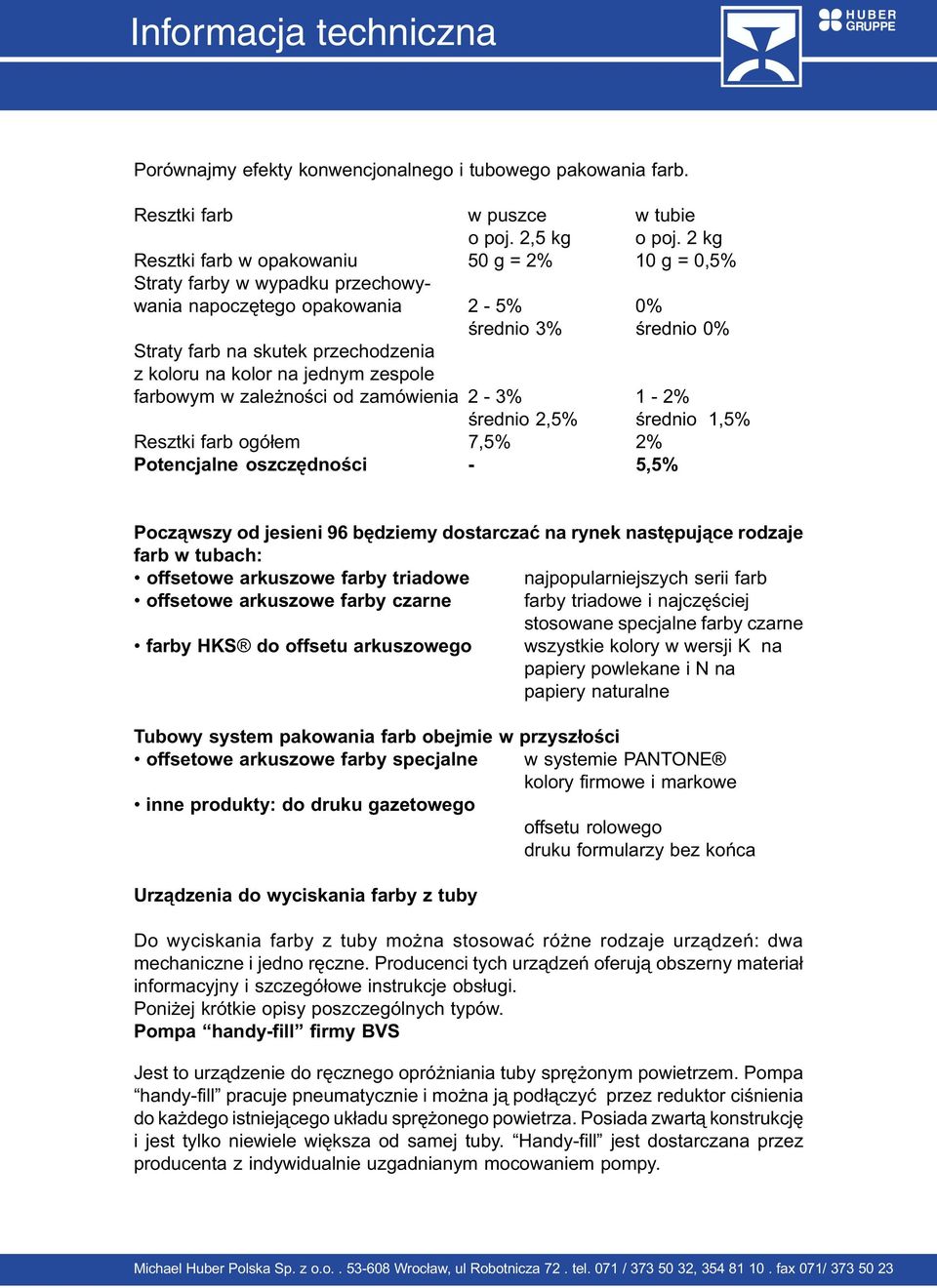 na jednym zespole farbowym w zale noœci od zamówienia 2-3% 1-2% œrednio 2,5% œrednio 1,5% Resztki farb ogó³em 7,5% 2% Potencjalne oszczêdnoœci - 5,5% Pocz¹wszy od jesieni 96 bêdziemy dostarczaæ na