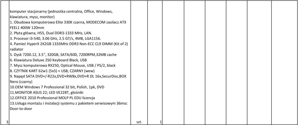 5'', 320GB, SATA/600, 7200RPM,32MB cache 6. Klawiatura Deluxe 250 Keyboard Black, USB 7. Mysz komputerowa RX250, Optical Mouse, USB / PS/2, black 8. CZYTNIK KART 62w1 (5x5) + USB, CZARNY (wew) 9.