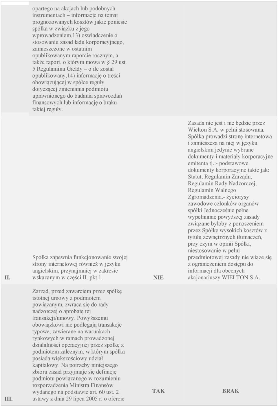 5 Regulaminu Giełdy o ile został opublikowany,14) informację o treści obowiązującej w spółce reguły dotyczącej zmieniania podmiotu uprawnionego do badania sprawozdań finansowych lub informację o