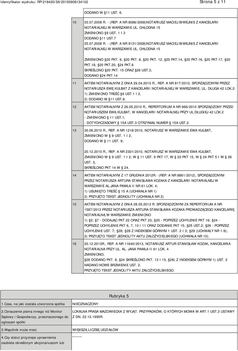 14 11 AKTEM NOTARIALNYM Z DNIA 29.04.2010 R., REP. A NR 817/2010, SPORZĄDZONYM PRZEZ NOTARIUSZA EWĘ KULBAT Z KANCELARII NOTARIALNEJ W WARSZAWIE, UL. DŁUGA 42 LOK.2: 1) ZMIENIONO TREŚĆ 9 UST.