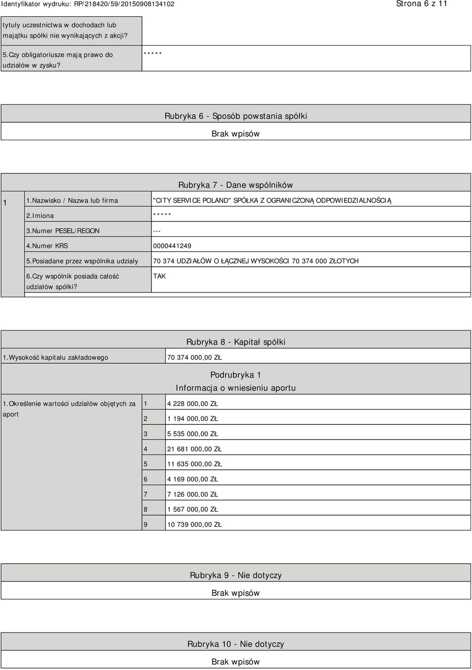 Numer KRS 0000441249 5.Posiadane przez wspólnika udziały 6.Czy wspólnik posiada całość udziałów spółki? 70 374 UDZIAŁÓW O ŁĄCZNEJ WYSOKOŚCI 70 374 000 ZŁOTYCH TAK Rubryka 8 - Kapitał spółki 1.