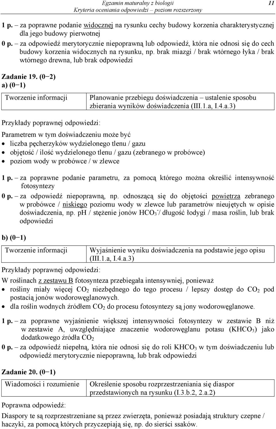 brak miazgi / brak wtórnego łyka / brak wtórnego drewna, lub brak Zadanie 19. (0 2) Planowanie przebiegu doświadczenia ustalenie sposobu zbierania wyników doświadczenia (III.1.a, I.4.a.3) Parametrem w tym doświadczeniu może być liczba pęcherzyków wydzielonego tlenu / gazu objętość / ilość wydzielonego tlenu / gazu (zebranego w probówce) poziom wody w probówce / w zlewce 1 p.