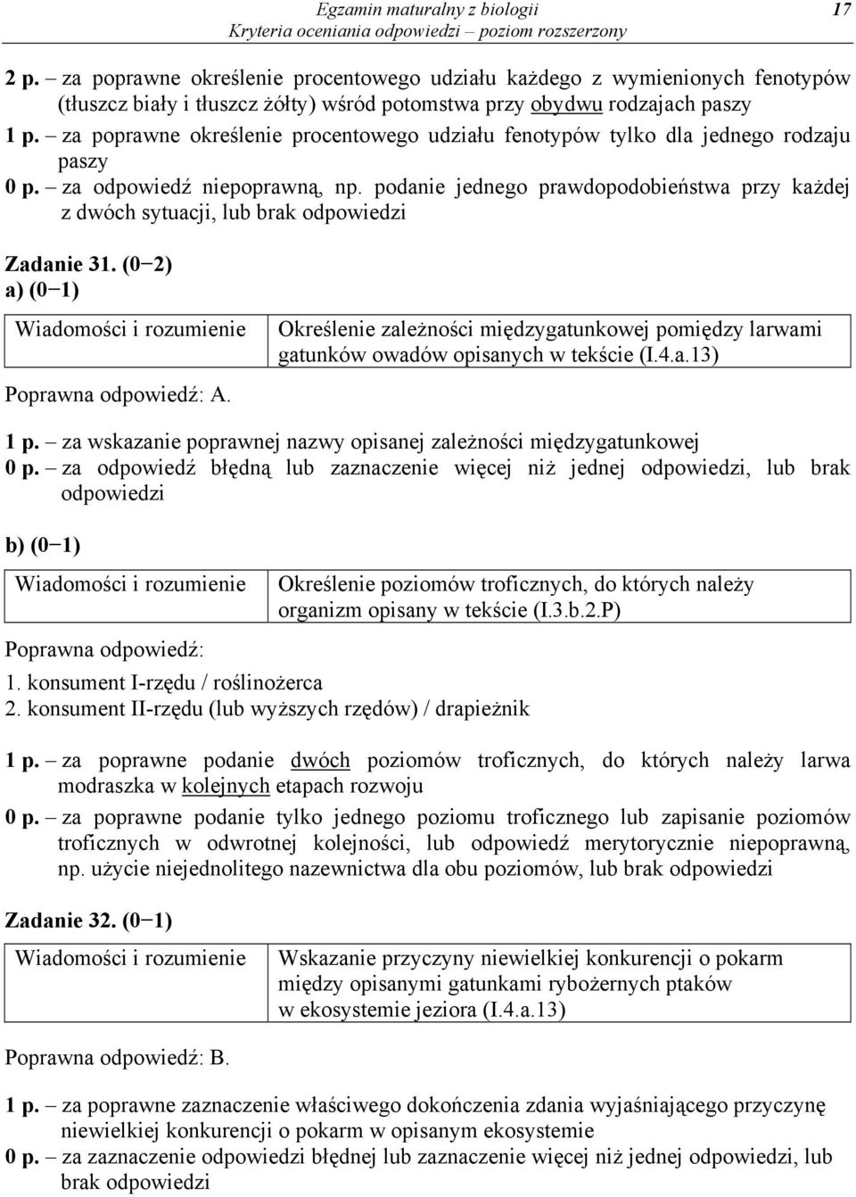 podanie jednego prawdopodobieństwa przy każdej z dwóch sytuacji, lub brak Zadanie 31. (0 2) Określenie zależności międzygatunkowej pomiędzy larwami gatunków owadów opisanych w tekście (I.4.a.13) A.