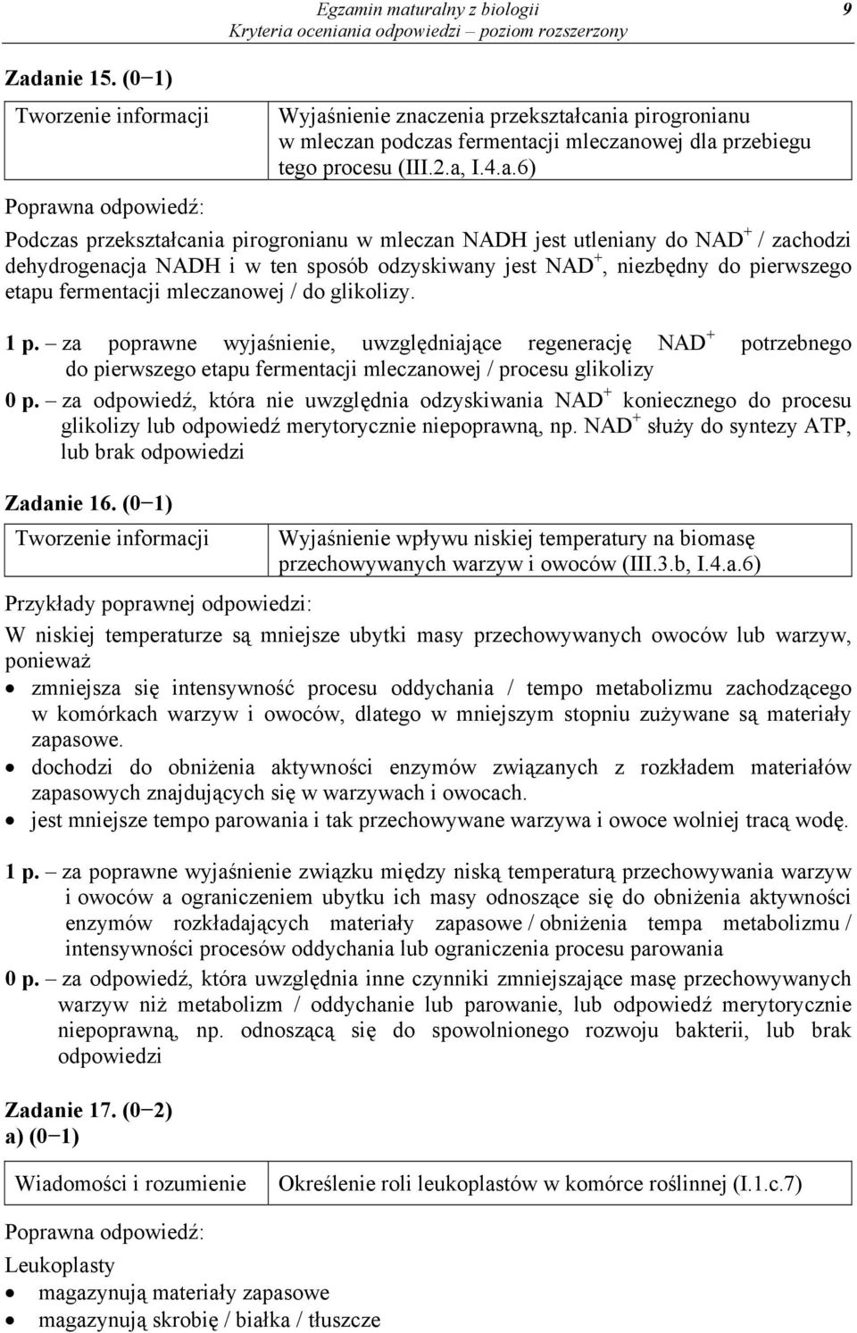 glikolizy. 1 p. za poprawne wyjaśnienie, uwzględniające regenerację NAD + potrzebnego do pierwszego etapu fermentacji mleczanowej / procesu glikolizy 0 p.