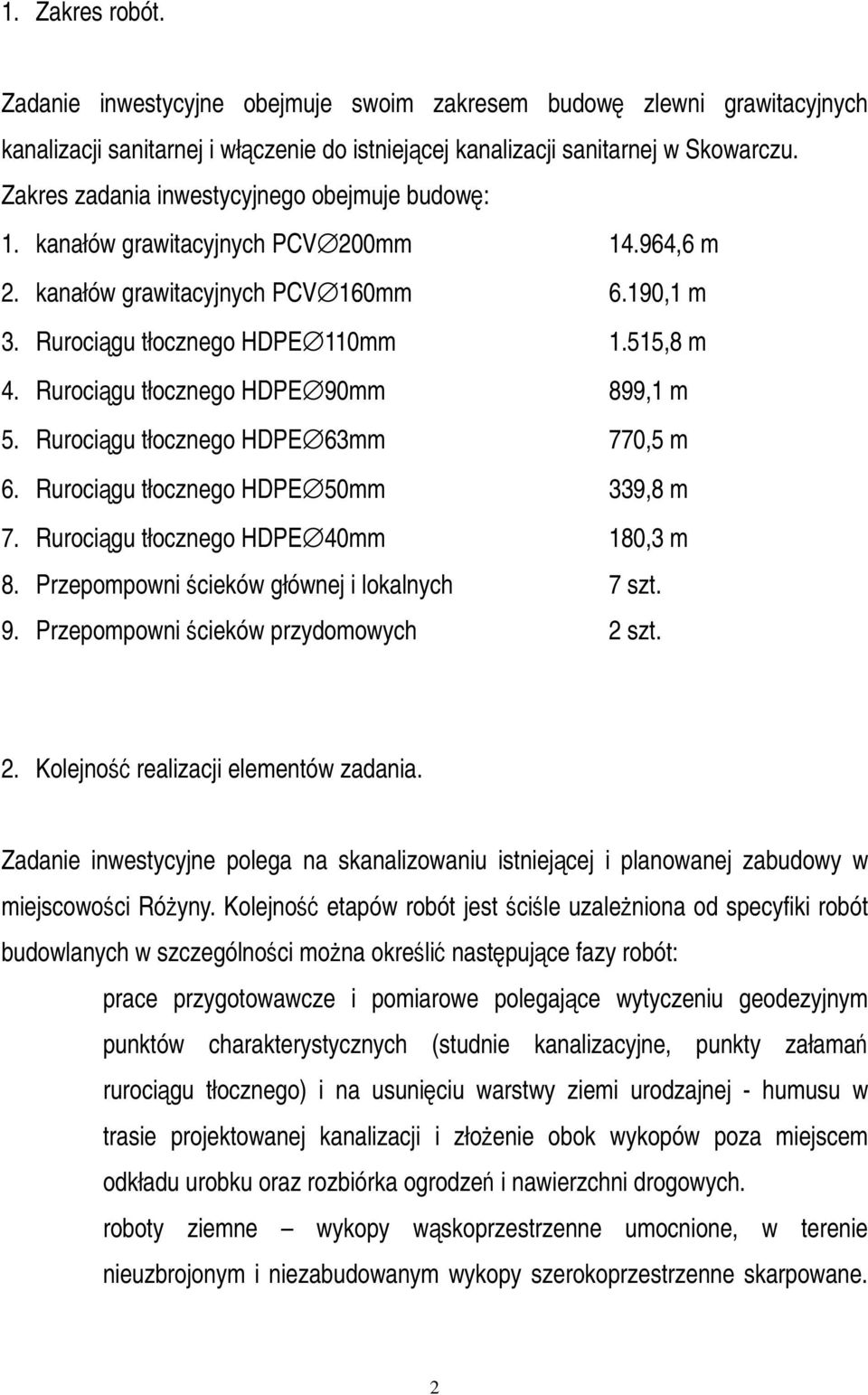 Rurocigu tłocznego HDPE 90mm 899,1 m 5. Rurocigu tłocznego HDPE 63mm 770,5 m 6. Rurocigu tłocznego HDPE 50mm 339,8 m 7. Rurocigu tłocznego HDPE 40mm 180,3 m 8.