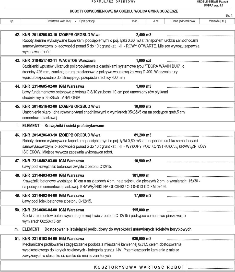 Włączenie rury wpustu bezpośrednio do istniejącego przepustu średnicy 400 mm 44. KNR 231-0605-02-00 IGM Warszawa 1,000 m3.