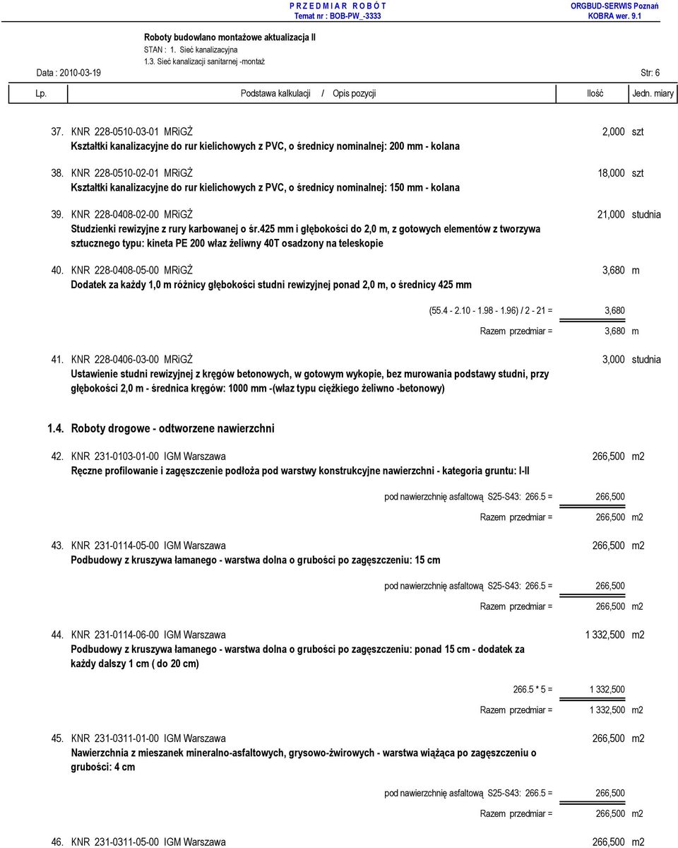 KNR 228-0510-02-01 MRiGś 18,000 szt Kształtki kanalizacyjne do rur kielichowych z PVC, o średnicy nominalnej: 150 mm - kolana 39.