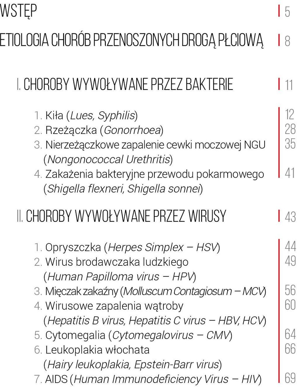 Choroby wywoływane przez wirusy 1. Opryszczka (Herpes Simplex HSV) 2. Wirus brodawczaka ludzkiego (Human Papilloma virus HPV) 3. Mięczak zakaźny (Molluscum Contagiosum MCV) 4.