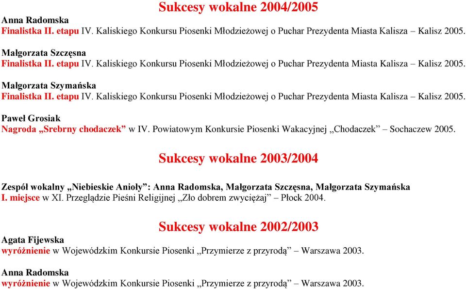 Powiatowym Konkursie Piosenki Wakacyjnej Chodaczek Sochaczew 2005. Sukcesy wokalne 2003/2004 Zespół wokalny Niebieskie Anioły : Anna Radomska, Małgorzata Szczęsna, Małgorzata Szymańska I.