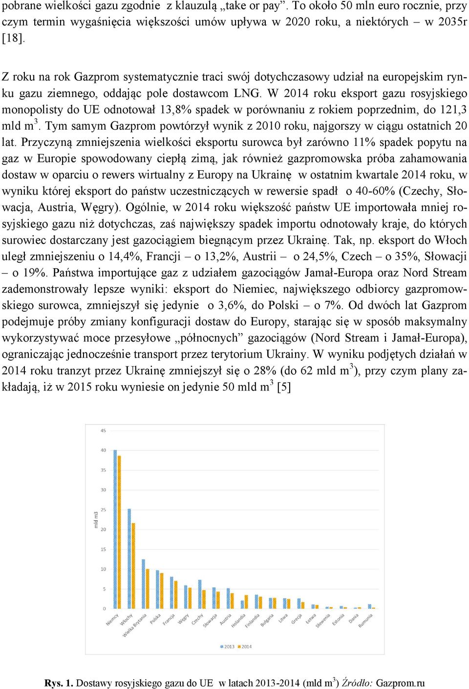 W 2014 roku eksport gazu rosyjskiego monopolisty do UE odnotował 13,8% spadek w porównaniu z rokiem poprzednim, do 121,3 mld m 3.