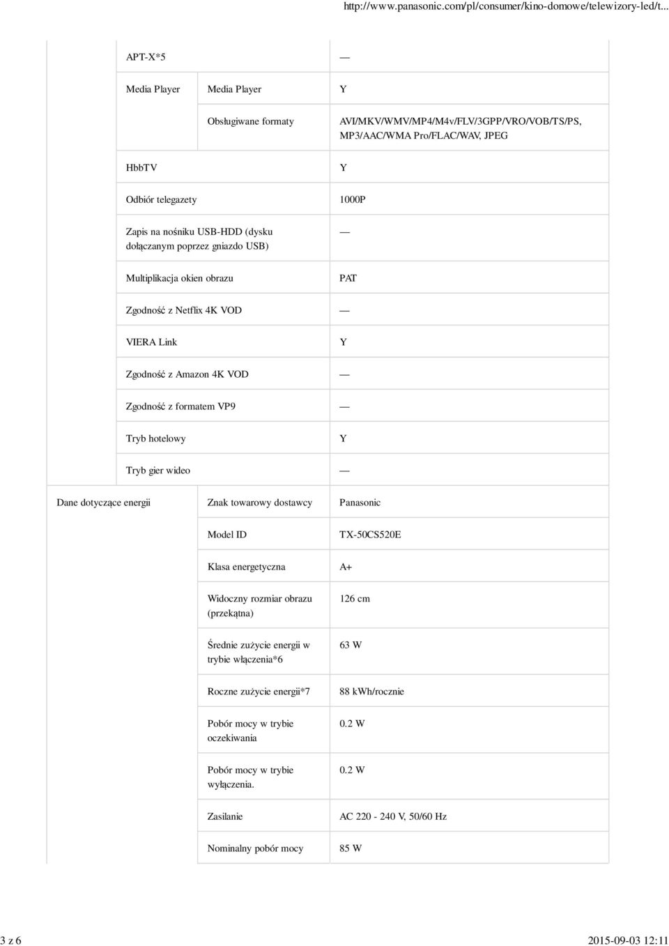 Tryb gier wideo Dane dotyczące energii Znak towarowy dostawcy Panasonic Model ID TX-50CS520E Klasa energetyczna A+ Widoczny rozmiar obrazu (przekątna) 126 cm Średnie zużycie energii w