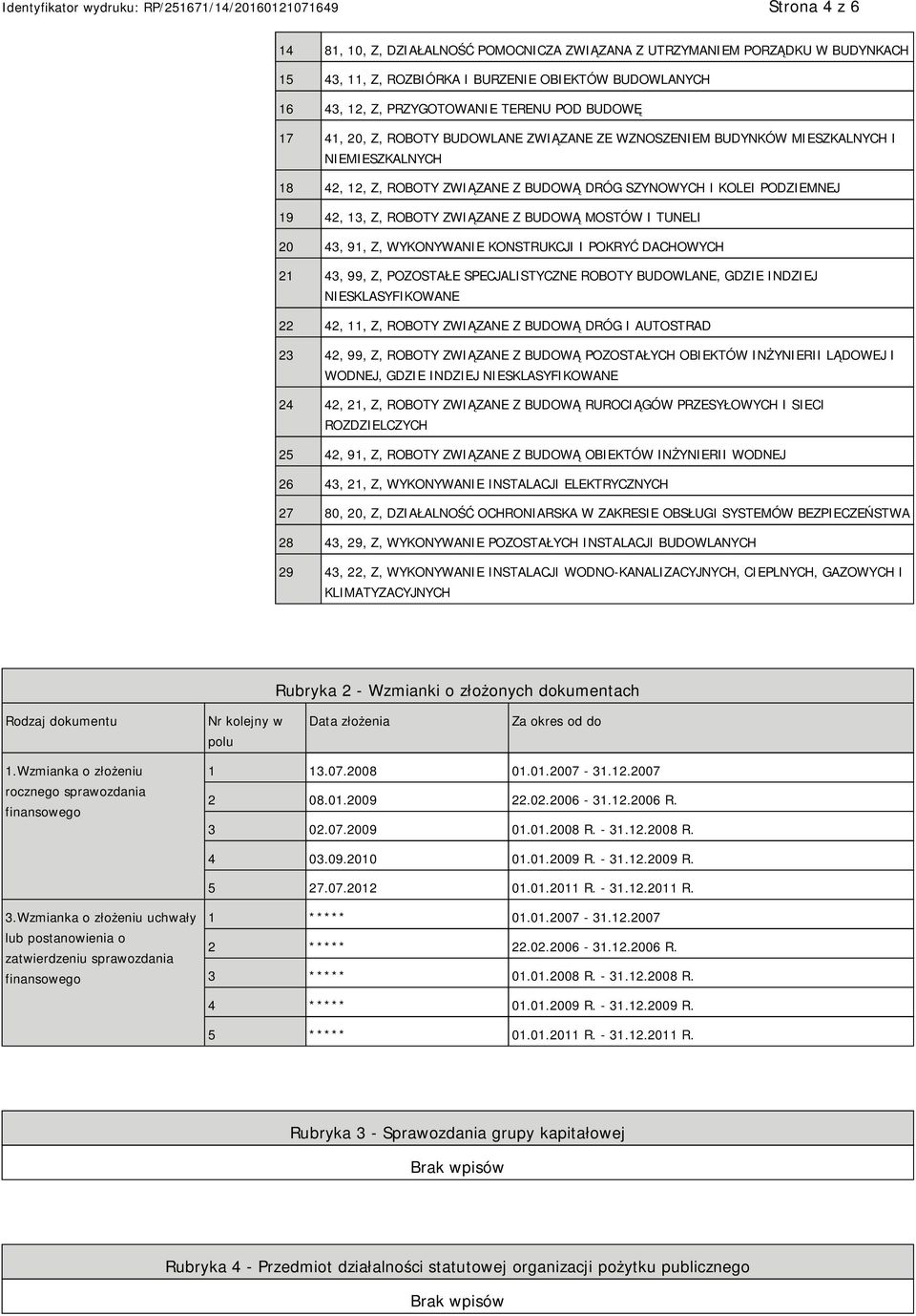 TUNELI 20 43, 91, Z, WYKONYWA KONSTRUKCJI I POKRYĆ DACHOWYCH 21 43, 99, Z, POZOSTAŁE SPECJALISTYCZNE ROBOTY BUDOWLANE, GDZIE INDZIEJ SKLASYFIKOWANE 22 42, 11, Z, ROBOTY ZWIĄZANE Z BUDOWĄ DRÓG I