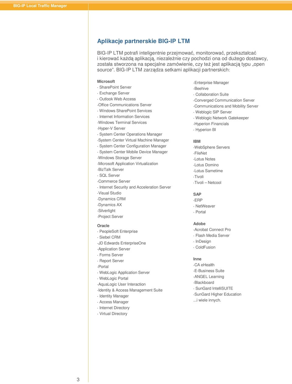 BIG-IP LTM zarządza setkami aplikacji partnerskich: Microsoft SharePoint Server Exchange Server Outlook Web Access Office Communications Server Windows SharePoint Services Internet Information