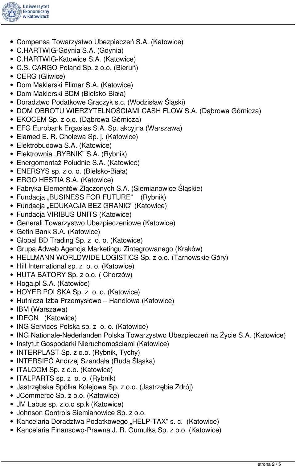 (Katowice) Elektrobudowa S.A. (Katowice) Elektrownia RYBNIK S.A. (Rybnik) Energomontaż Południe S.A. (Katowice) ENERSYS sp. z o. o. (Bielsko-Biała) ERGO HESTIA S.A. (Katowice) Fabryka Elementów Złączonych S.