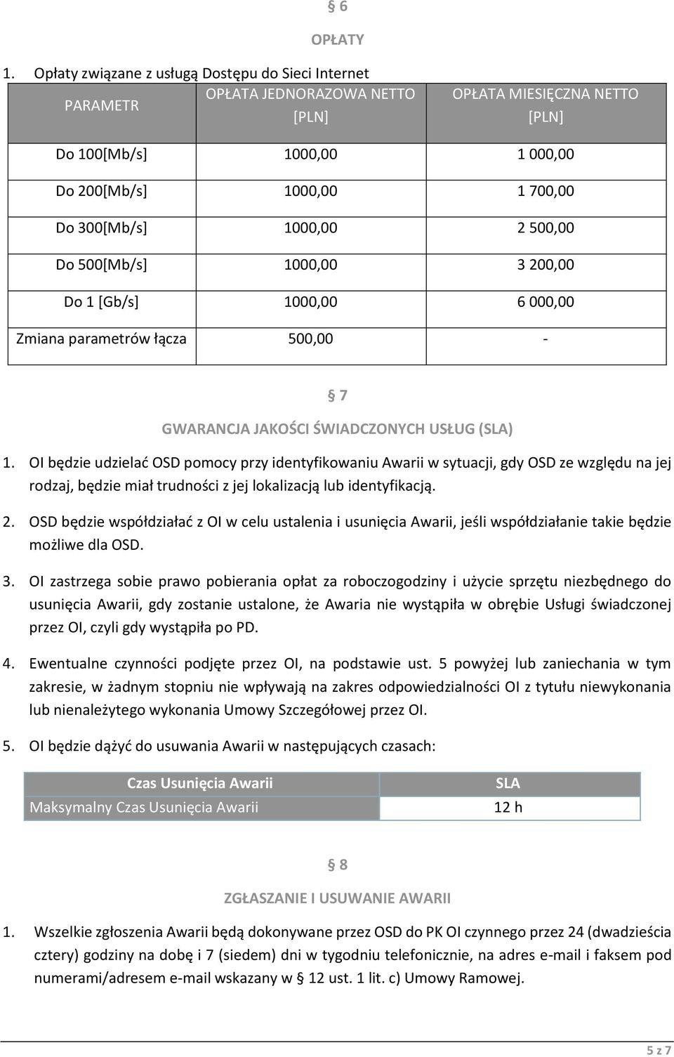 1000,00 2 500,00 Do 500[Mb/s] 1000,00 3 200,00 Do 1 [Gb/s] 1000,00 6 000,00 Zmiana parametrów łącza 500,00-7 GWARANCJA JAKOŚCI ŚWIADCZONYCH USŁUG (SLA) 1.