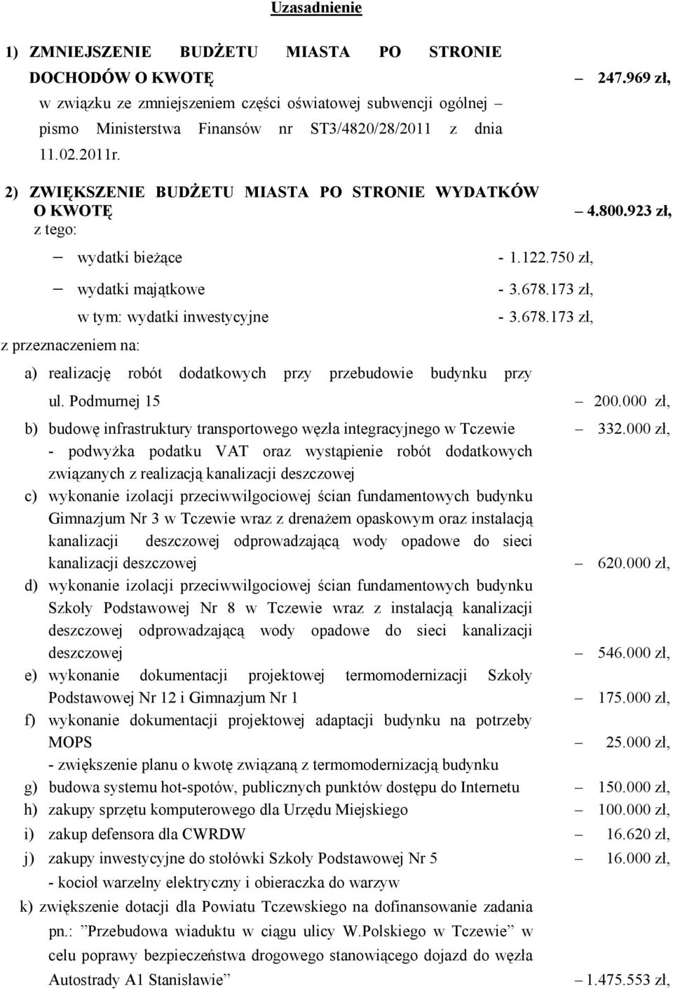 969 zł, 2) ZWIĘKSZENIE BUDŻETU MIASTA PO STRONIE WYDATKÓW O KWOTĘ z tego: wydatki bieżące wydatki majątkowe z przeznaczeniem na: w tym: wydatki inwestycyjne a) realizację robót dodatkowych przy