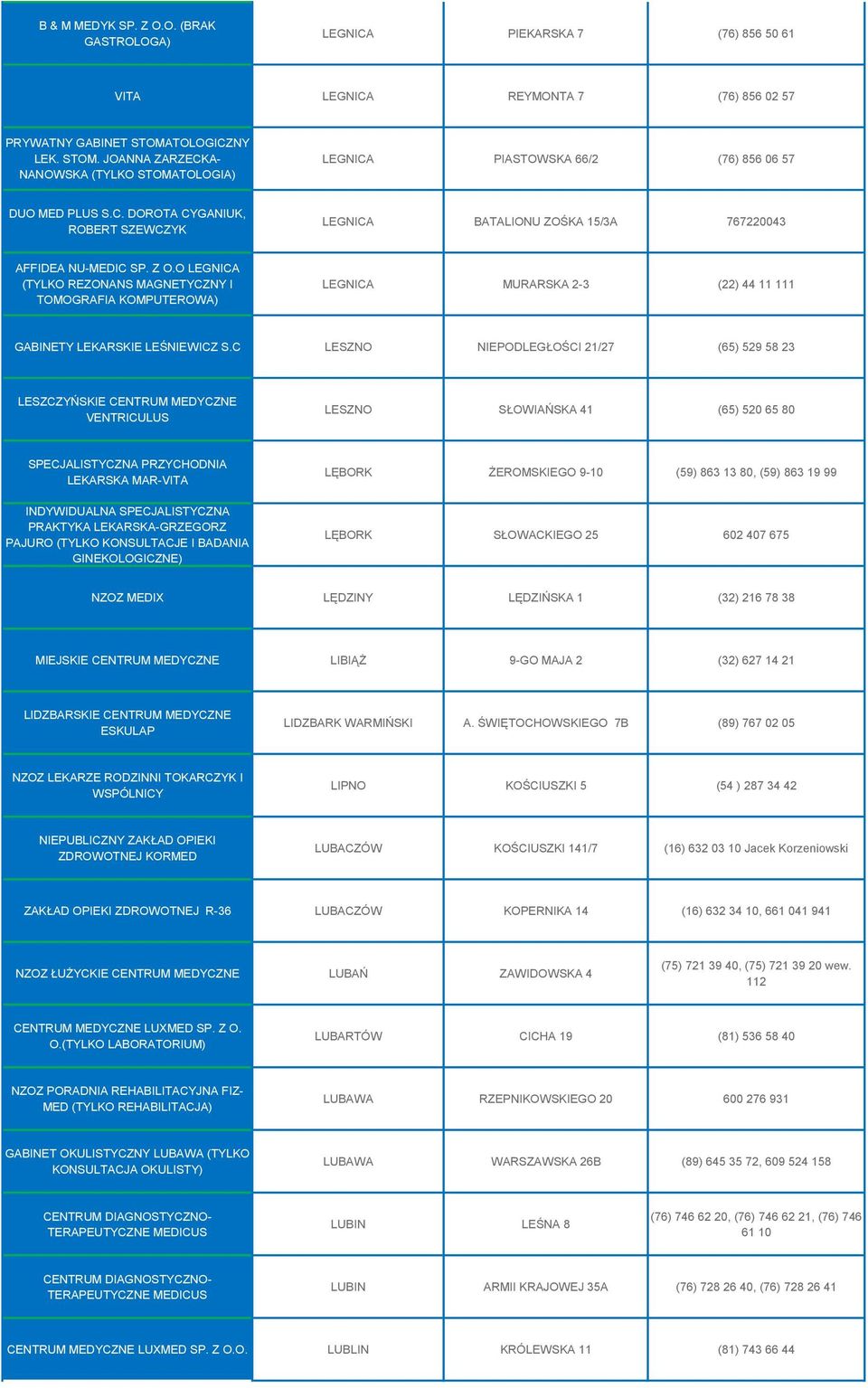 Z O.O LEGNICA (TYLKO REZONANS MAGNETYCZNY I TOMOGRAFIA KOMPUTEROWA) LEGNICA MURARSKA 2-3 (22) 44 11 111 GABINETY LEKARSKIE LEŚNIEWICZ S.