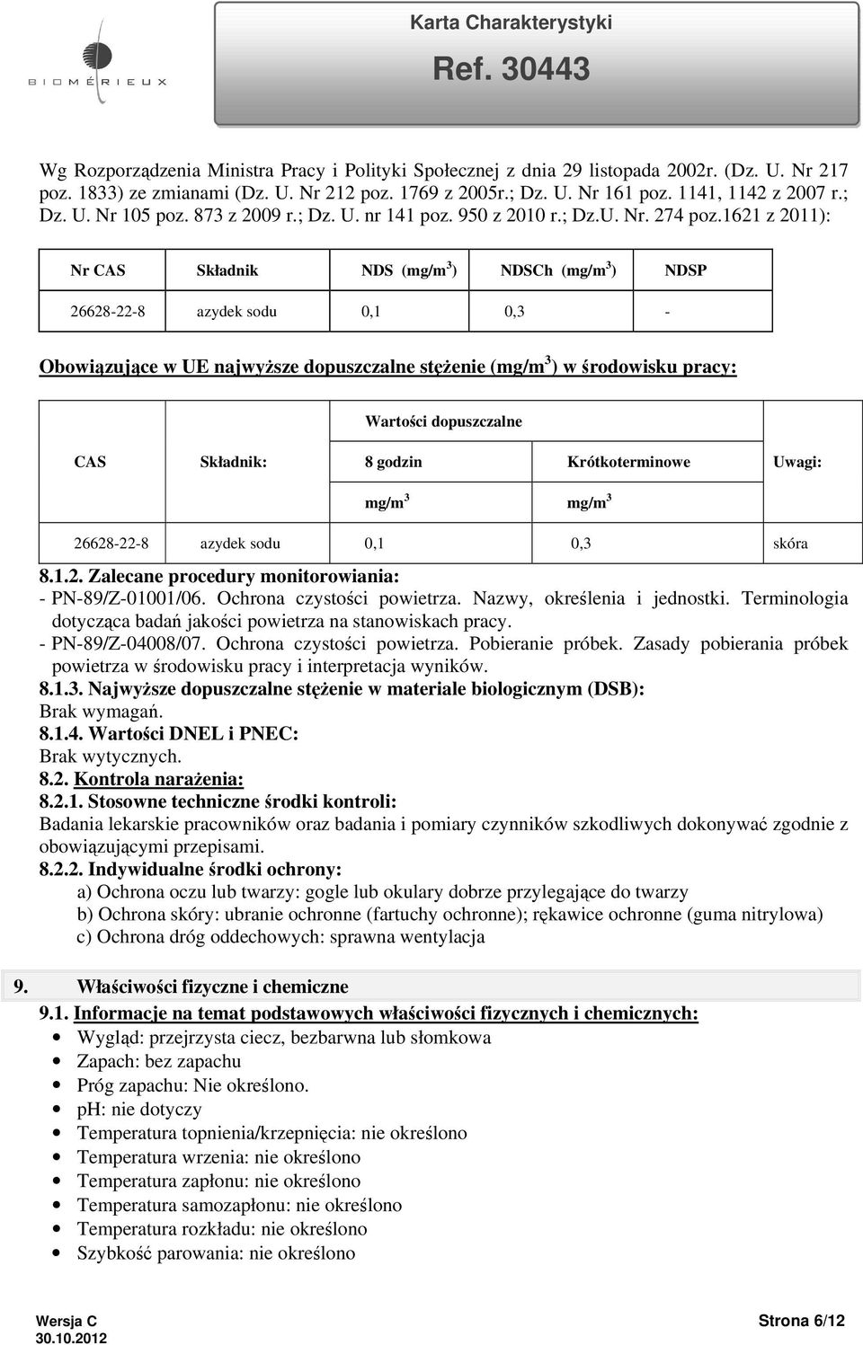 1621 z 2011): Nr CAS Składnik NDS (mg/m 3 ) NDSCh (mg/m 3 ) NDSP 26628-22-8 azydek sodu 0,1 0,3 - Obowiązujące w UE najwyższe dopuszczalne stężenie (mg/m 3 ) w środowisku pracy: Wartości dopuszczalne