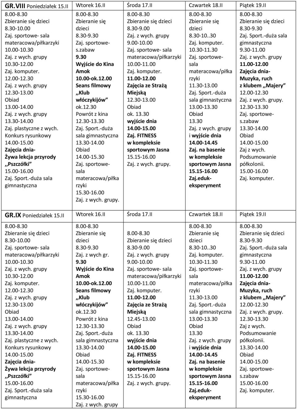 IX Ponedzałek 15.II Wtorek 16.II Środa 17.II Czwartek 18.II Pątek 19.