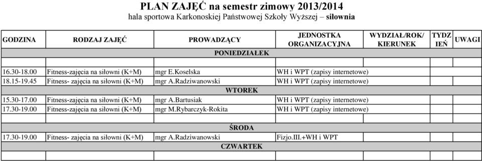 Radziwanowski WH i WPT (zapisy internetowe) 15.30-17.00 Fitness-zajęcia na siłowni (K+M) mgr A.