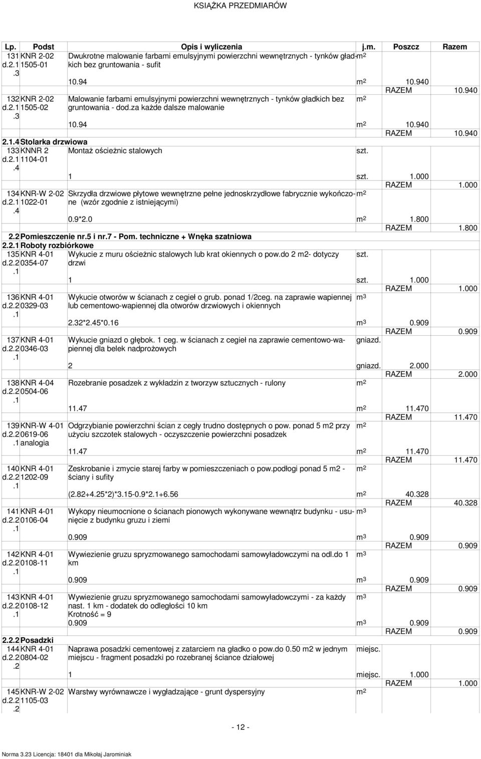 4 Stolarka drzwiowa 133 KNNR 2 Montaż ościeżnic stalowych szt. d 1104-01.4 1 szt. 1.000 RAZEM 1.