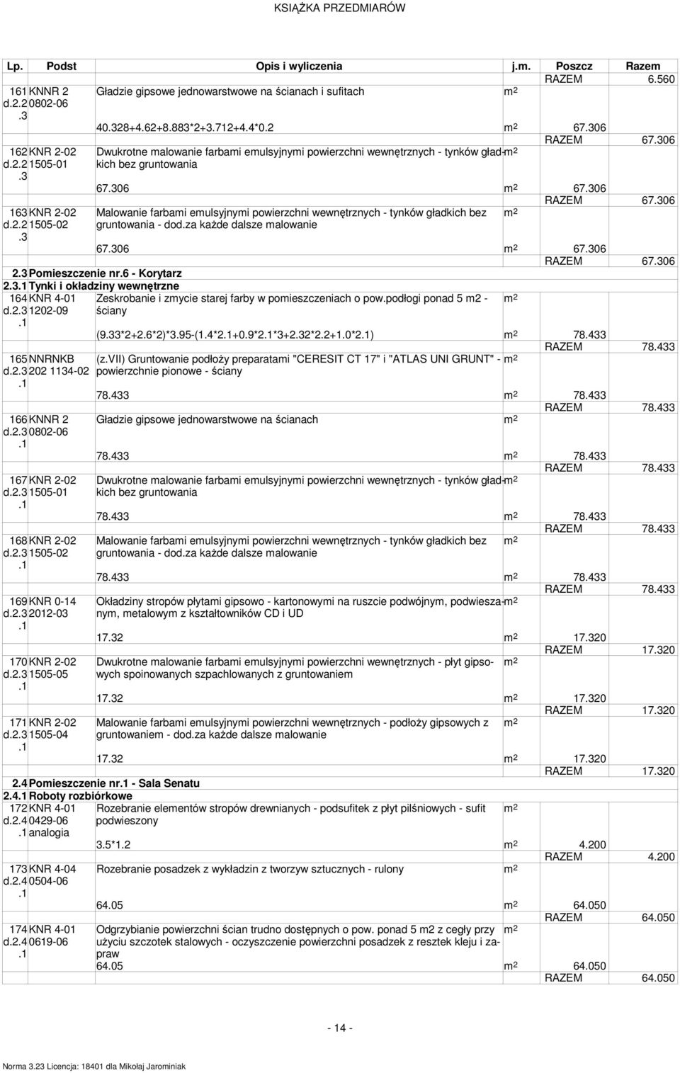 eulsyjnyi powierzchni wewnętrznych - tynków gładkich bez 2 d 1505-02 gruntowania - dod.za każde dalsze alowanie 6706 2 6706 RAZEM 6706 2 Poieszczenie nr.