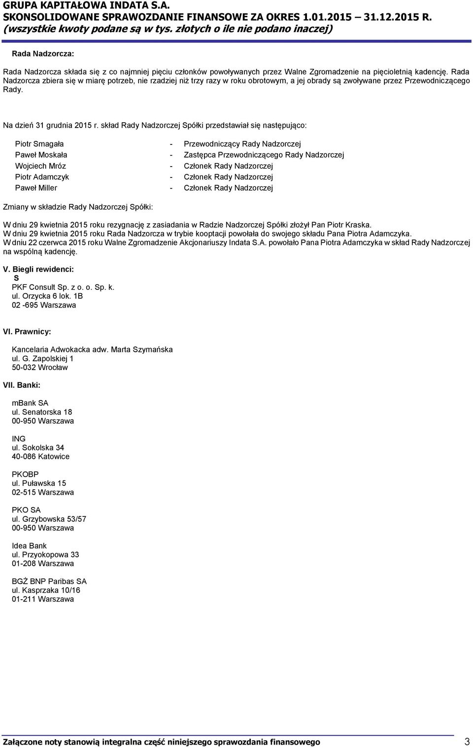 skład Rady Nadzorczej Spółki przedstawiał się następująco: Piotr Smagała - Przewodniczący Rady Nadzorczej Paweł Moskała - Zastępca Przewodniczącego Rady Nadzorczej Wojciech Mróz - Członek Rady