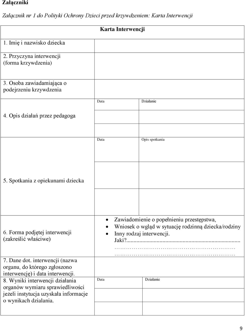 Forma podjętej interwencji (zakreślić właściwe) 7. Dane dot. interwencji (nazwa organu, do którego zgłoszono interwencję) i data interwencji. 8.