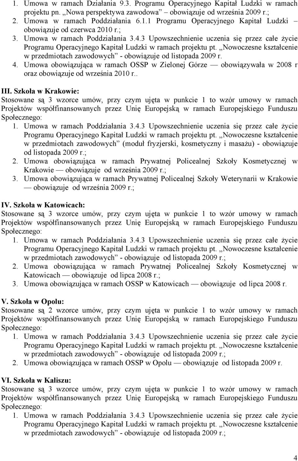 Nowoczesne kształcenie w przedmiotach zawodowych - obowiązuje od listopada 2009 r. 4. Umowa obowiązująca w ramach OSSP w Zielonej Górze obowiązywała w 2008 r oraz obowiązuje od września 2010 r.. III.