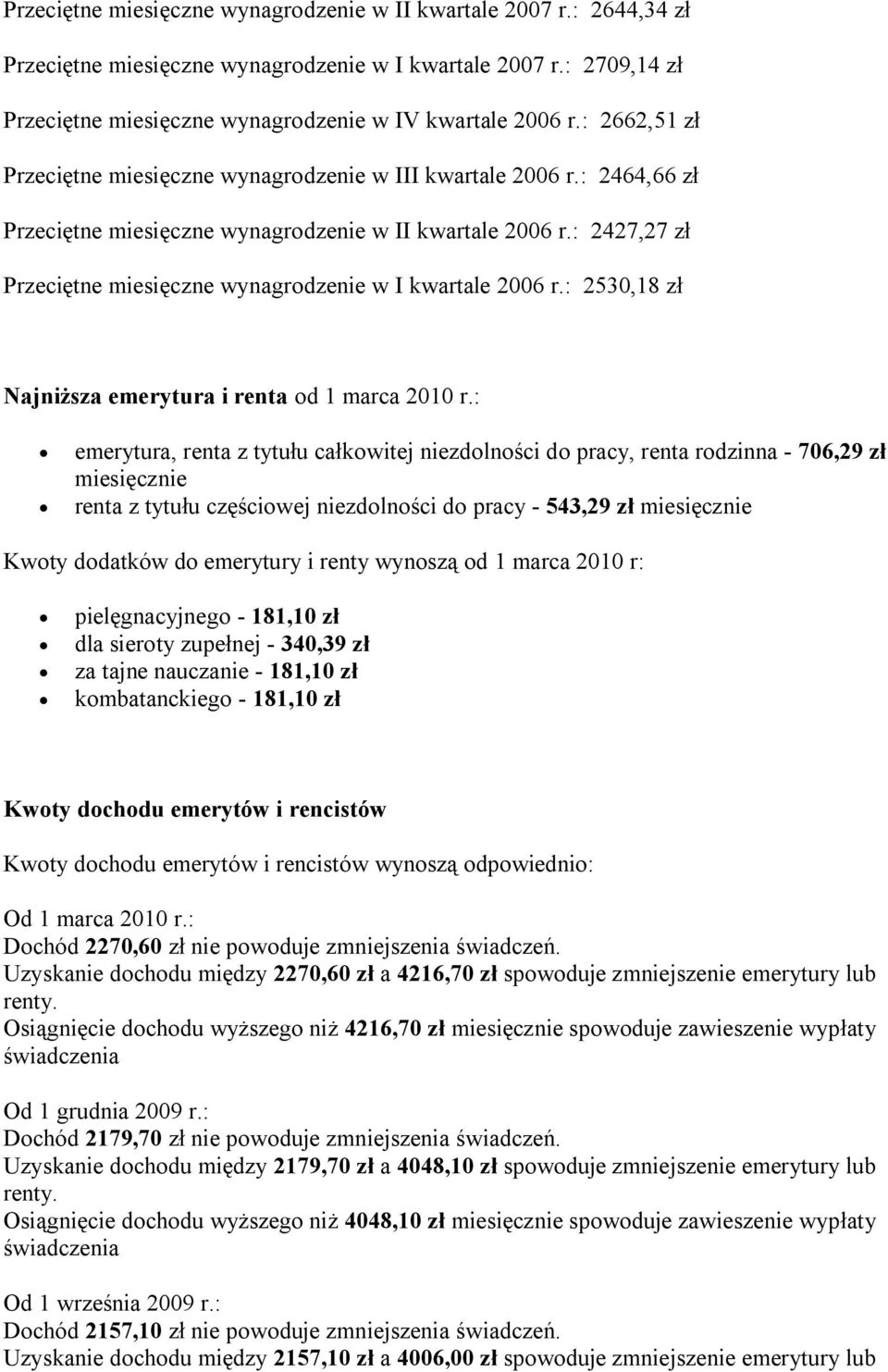 : 2427,27 zł Przeciętne miesięczne wynagrodzenie w I kwartale 2006 r.: 2530,18 zł Najniższa emerytura i renta od 1 marca 2010 r.