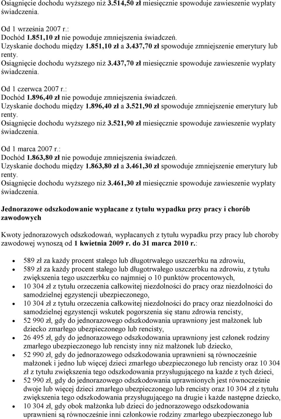 896,40 zł nie powoduje zmniejszenia świadczeń. Uzyskanie dochodu między 1.896,40 zł a 3.521,90 zł spowoduje zmniejszenie emerytury lub Osiągnięcie dochodu wyższego niż 3.