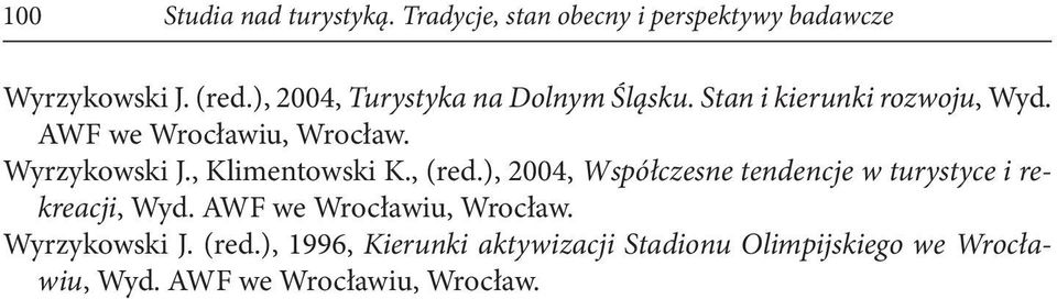 , Klimentowski K., (red.), 2004, Współczesne tendencje w turystyce i rekreacji, Wyd.