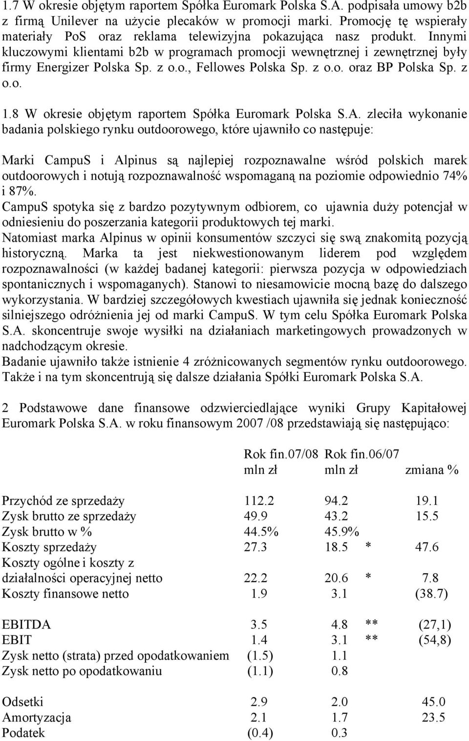 z o.o., Fellowes Polska Sp. z o.o. oraz BP Polska Sp. z o.o. 1.8 W okresie objętym raportem Spółka Euromark Polska S.A.