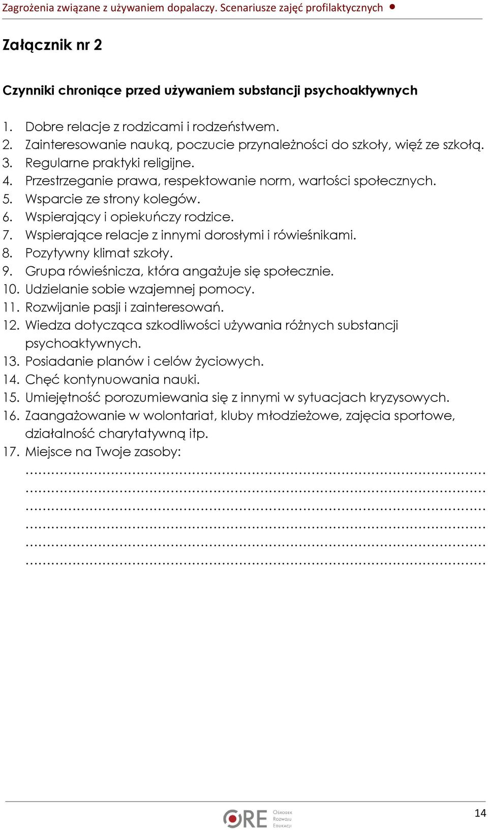 Wspierające relacje z innymi dorosłymi i rówieśnikami. 8. Pozytywny klimat szkoły. 9. Grupa rówieśnicza, która angażuje się społecznie. 10. Udzielanie sobie wzajemnej pomocy. 11.