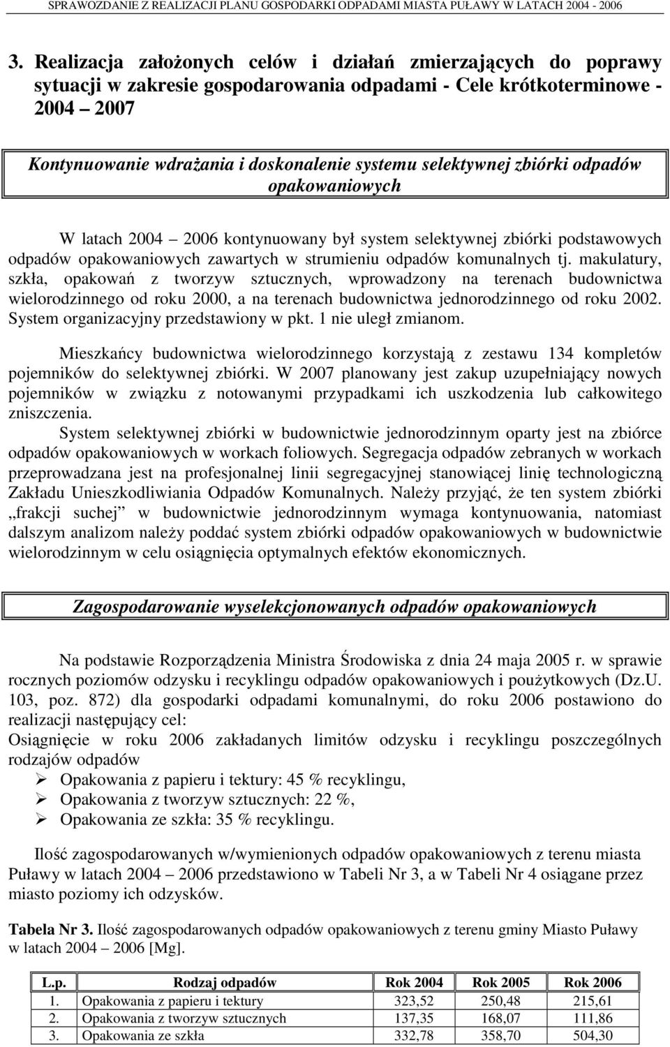 makulatury, szkła, opakowań z tworzyw sztucznych, wprowadzony na terenach budownictwa wielorodzinnego od roku 2000, a na terenach budownictwa jednorodzinnego od roku 2002.